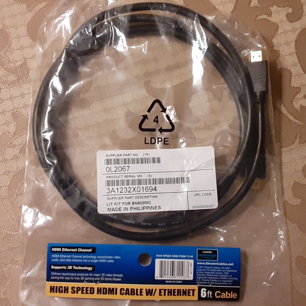 High Speed HDMI 6 ft Cable W/Ethernet